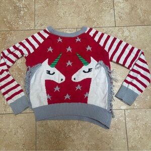 Girls Red Unicorn Sweater with Striped Sleeves size 6